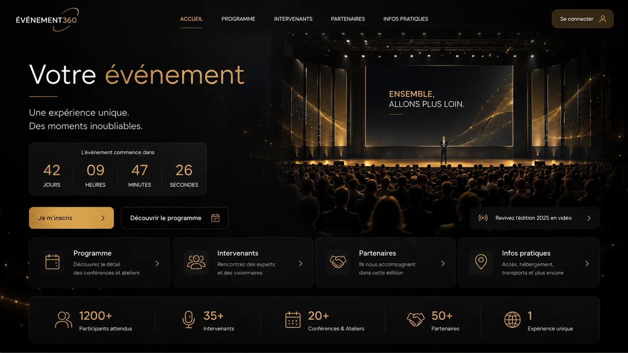 Interface d’accueil d’une plateforme événementielle sur mesure Événement360 avec espace participant et programme interactif — Agence DCM